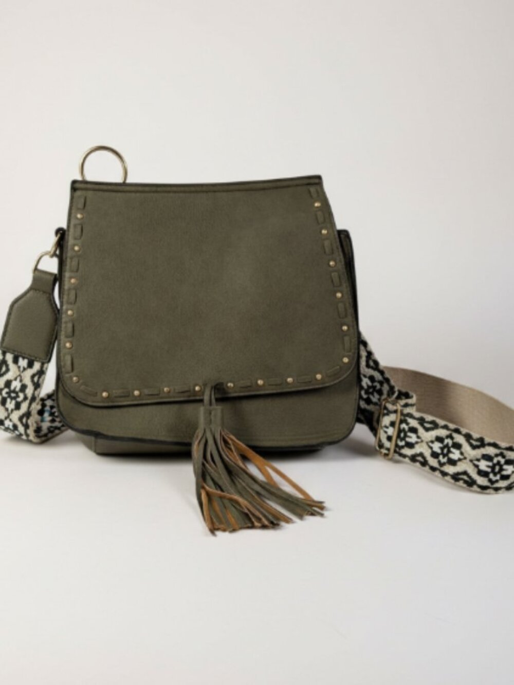 Jen & Co Crossbody Bag Sage Studded Tassel Interchangeable Strap Vegan